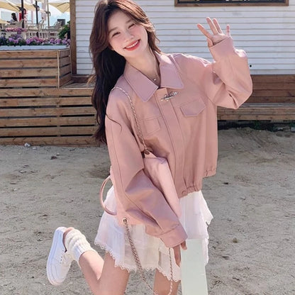 Women's Short PU Leather Jacket Pink Spring Autumn 2025 Sweet Cool Street Style Slim Fit Harajuku Fashion Biker Jacket