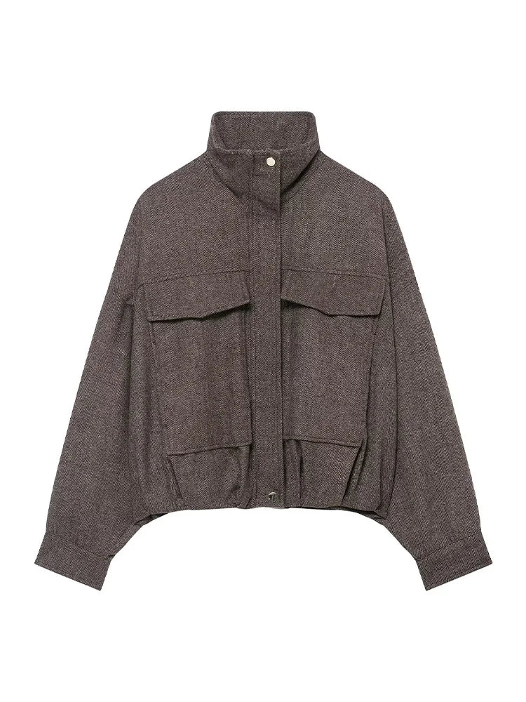 HH Women's Fashion Versatile Button Lapel Collar Long Sleeve Coat Female Zipper Solid Pocket Decoration Puffy Pilot Jacket