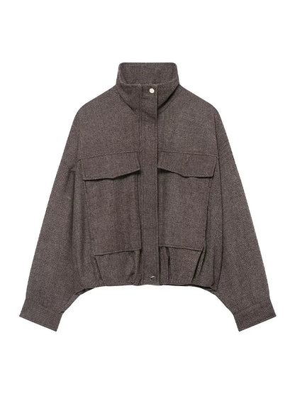 HH Women's Fashion Versatile Button Lapel Collar Long Sleeve Coat Female Zipper Solid Pocket Decoration Puffy Pilot Jacket