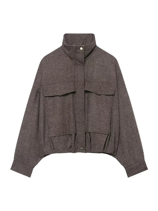 HH Women's Fashion Versatile Button Lapel Collar Long Sleeve Coat Female Zipper Solid Pocket Decoration Puffy Pilot Jacket