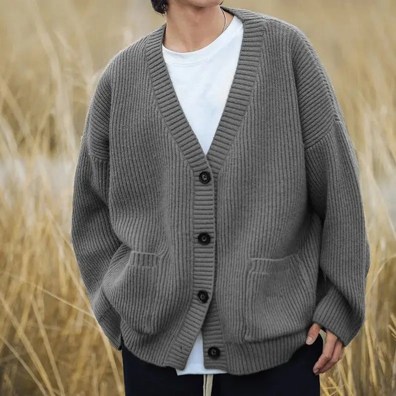 Textured Chunky-Knit Cardigan Jacket for Men Loose-Fit Japanese-Style Women Warm Knitwear Sweater