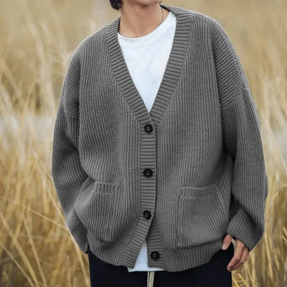 Textured Chunky-Knit Cardigan Jacket for Men Loose-Fit Japanese-Style Women Warm Knitwear Sweater