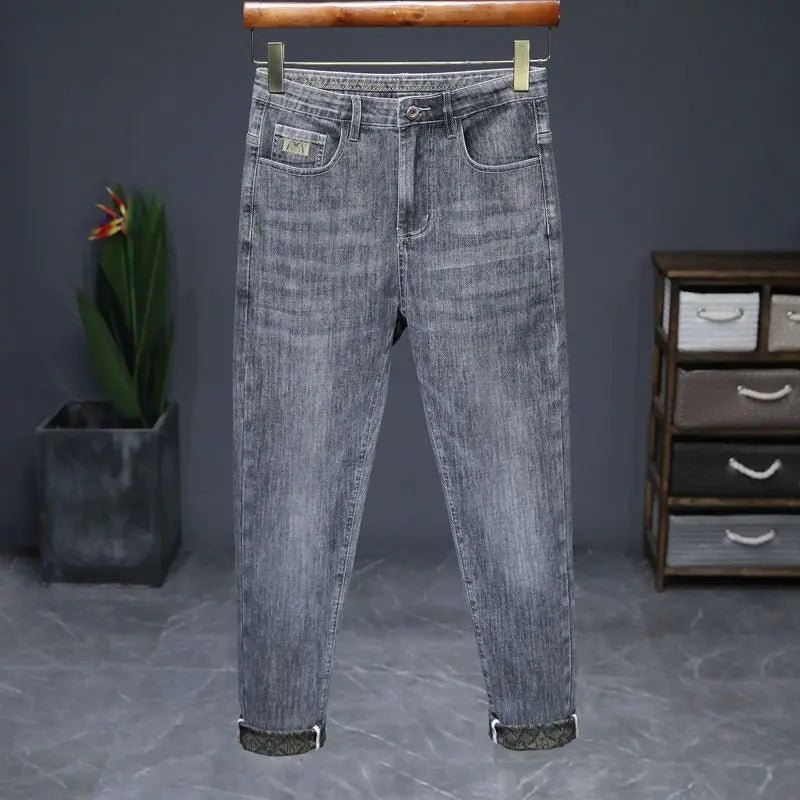 Men's Jeans Washing High-end Men's Jeans Small Straight Stretch Slim Retro Blue Casual Straight