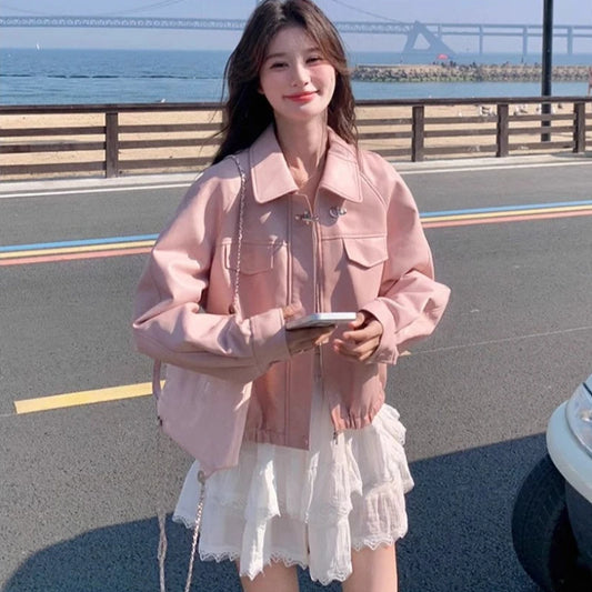 Women's Short PU Leather Jacket Pink Spring Autumn 2025 Sweet Cool Street Style Slim Fit Harajuku Fashion Biker Jacket