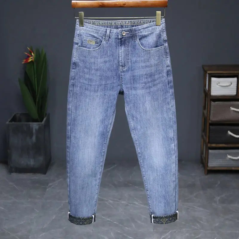 Men's Jeans Washing High-end Men's Jeans Small Straight Stretch Slim Retro Blue Casual Straight