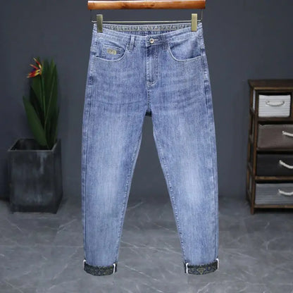 Men's Jeans Washing High-end Men's Jeans Small Straight Stretch Slim Retro Blue Casual Straight