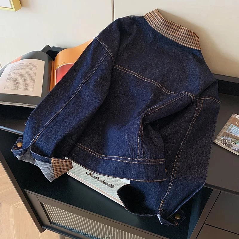 Women Vintage Denim Coat Fall Winter Plaid Patchwork Button Long Sleeve Jacket Loose Casual Simple Retro Streetwear New Jackets