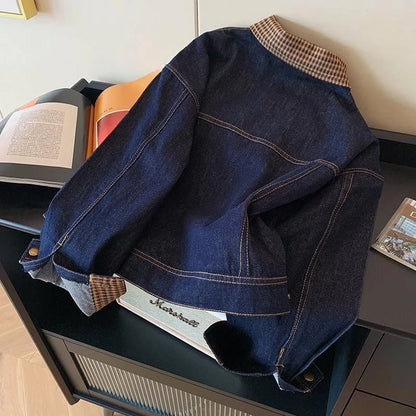 Women Vintage Denim Coat Fall Winter Plaid Patchwork Button Long Sleeve Jacket Loose Casual Simple Retro Streetwear New Jackets