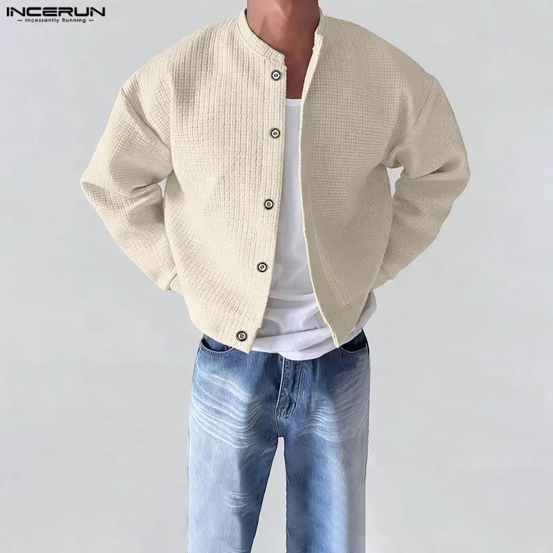 Men Jackets Solid Color O-neck Long Sleeve Button Thin Coats Men Streetwear Outerwear 2025 Fashion Casual Male Jackets