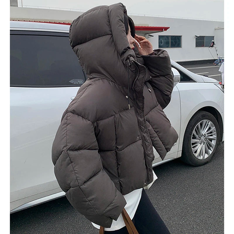 Women Winter Warm Puffy Coats Long Sleeve Casual Cropped Parkas Jacket Solid Hooded American Street Thick Outwear