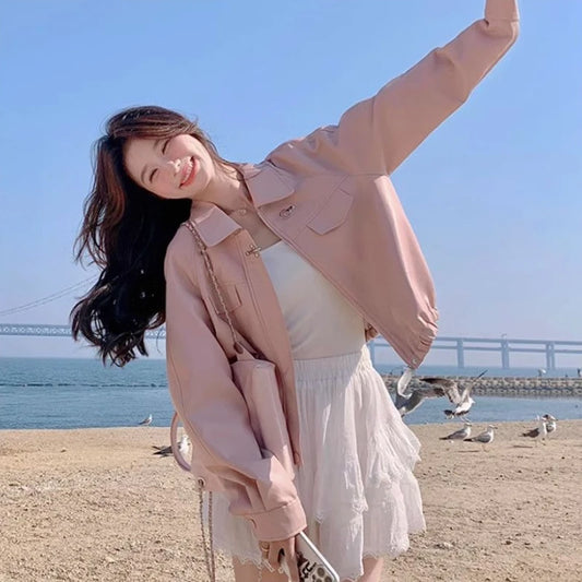 Women's Short PU Leather Jacket Pink Spring Autumn 2025 Sweet Cool Street Style Slim Fit Harajuku Fashion Biker Jacket