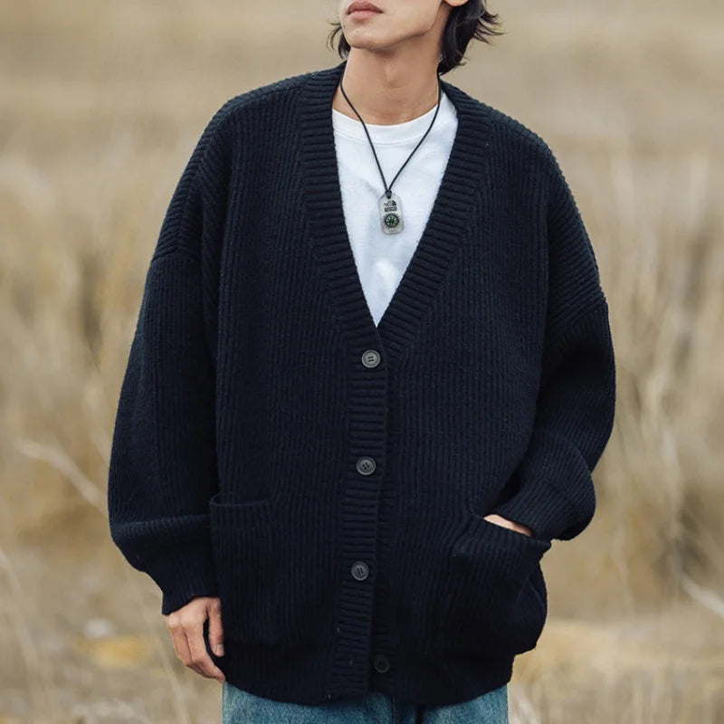 Textured Chunky-Knit Cardigan Jacket for Men Loose-Fit Japanese-Style Women Warm Knitwear Sweater