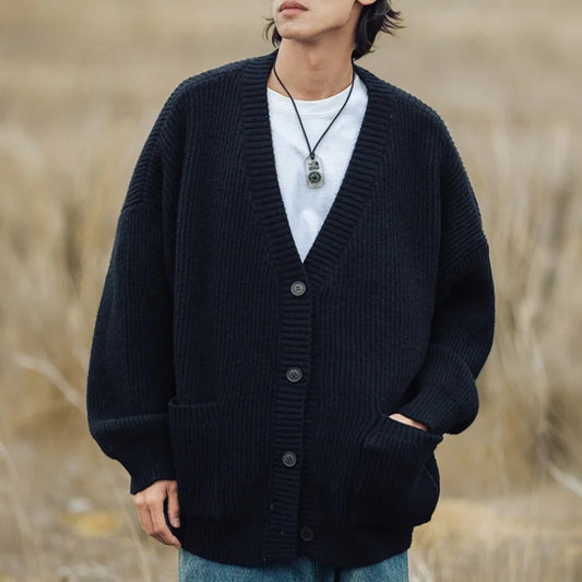 Textured Chunky-Knit Cardigan Jacket for Men Loose-Fit Japanese-Style Women Warm Knitwear Sweater