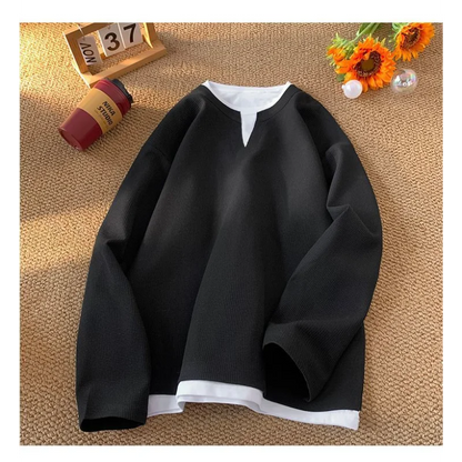 Winter Style Faux Two-Piece V-Neck Sweatshirt for Men, Trendy Long Sleeves, Suitable for Spring and Autumn