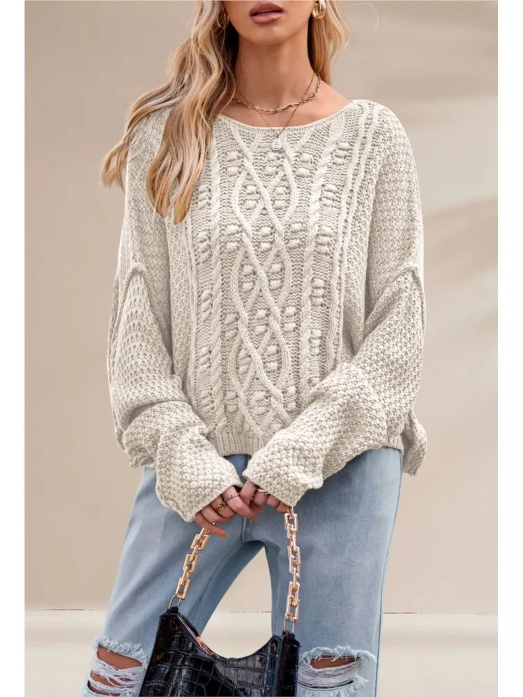 New Autumn And Winter Casual Long-sleeved Sweater Women's Round-neck Twisted Rope Hemp Loose Solid Color Pullover Knitted Top