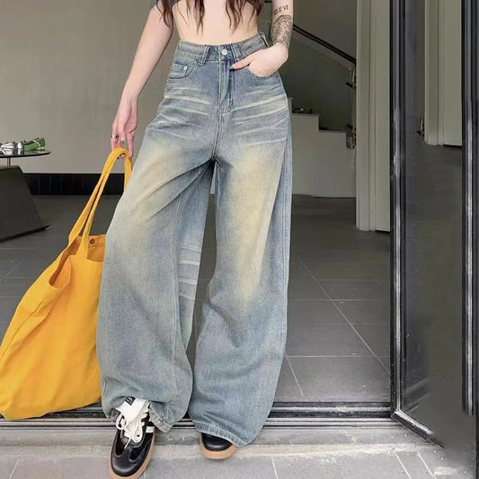 Spring Autumn Vintage Chicly Button Jeans Women American Simple Baggy High Waisted Denim Pants Washed Y2K Wide Leg Jean Trousers