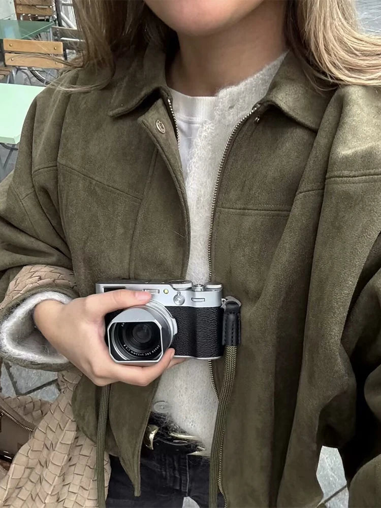 Vintage Brown Suede Jacket Women Fall Winter Casual Loose Bomber Coat Fashion Zipper Long Sleeve Cardigan Commuting Outerwear