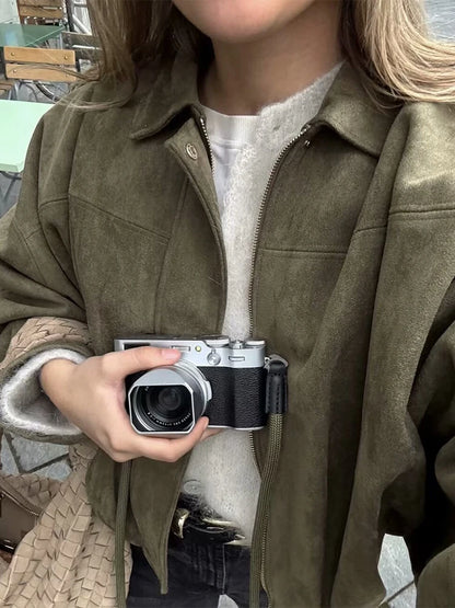 Vintage Brown Suede Jacket Women Fall Winter Casual Loose Bomber Coat Fashion Zipper Long Sleeve Cardigan Commuting Outerwear