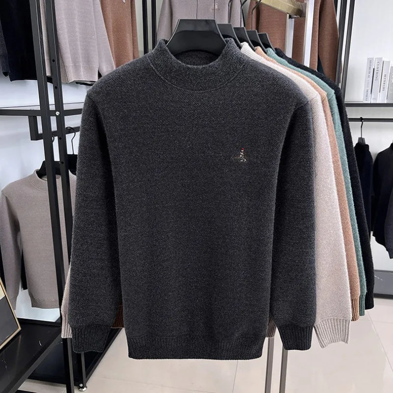 High end brand velvet warm sweater men's round neck top winter Korean luxury cartoon embroidery comfortable knitted pullover