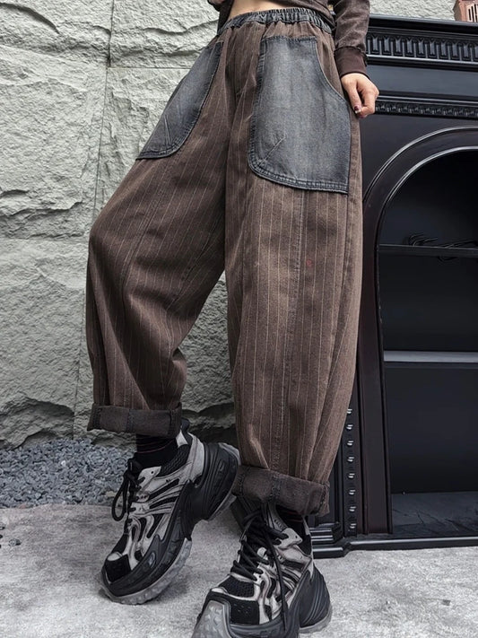 Amax LuluE 2025 Womens Fashion Winter Striped Jeans Loose Casual Denim Trousers Ladies Classic Vintage Elastic Waist Punk Pants