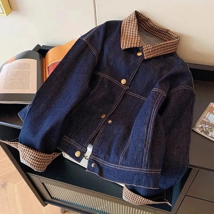 Women Vintage Denim Coat Fall Winter Plaid Patchwork Button Long Sleeve Jacket Loose Casual Simple Retro Streetwear New Jackets