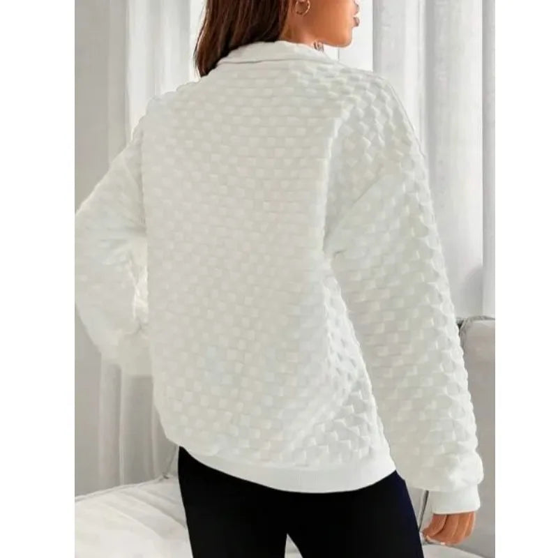 Spring and Autumn Women's Pullover Stand Neck Zipper Solid Plaid Lantern Long Sleeve T-shirt Hoodies Vintage Fashion Casual Tops