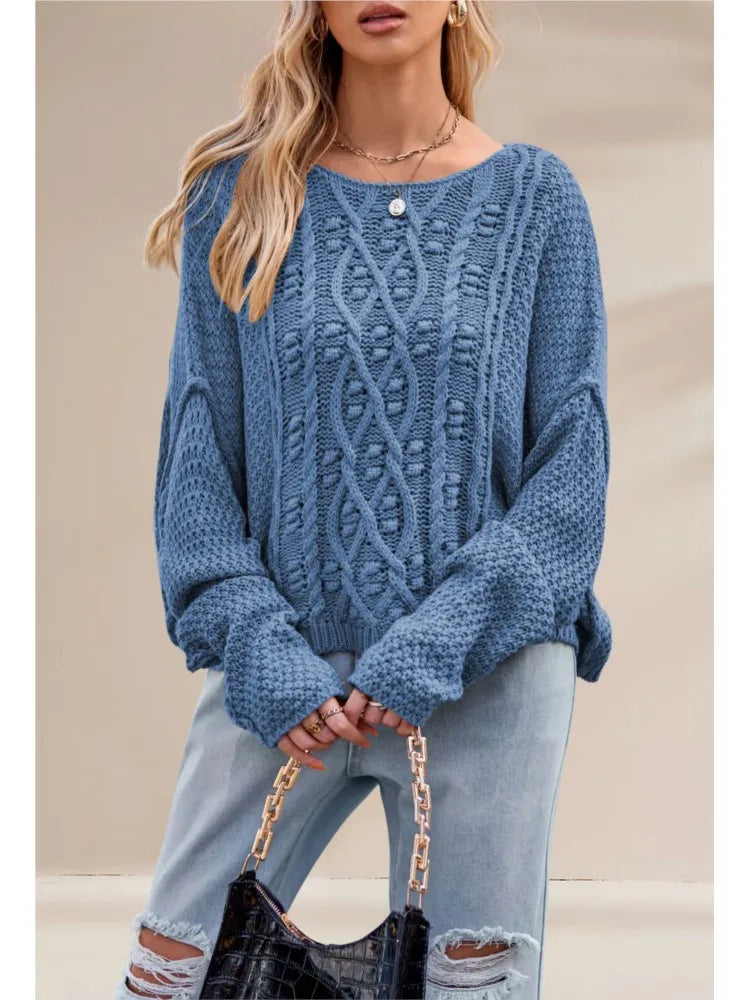 New Autumn And Winter Casual Long-sleeved Sweater Women's Round-neck Twisted Rope Hemp Loose Solid Color Pullover Knitted Top