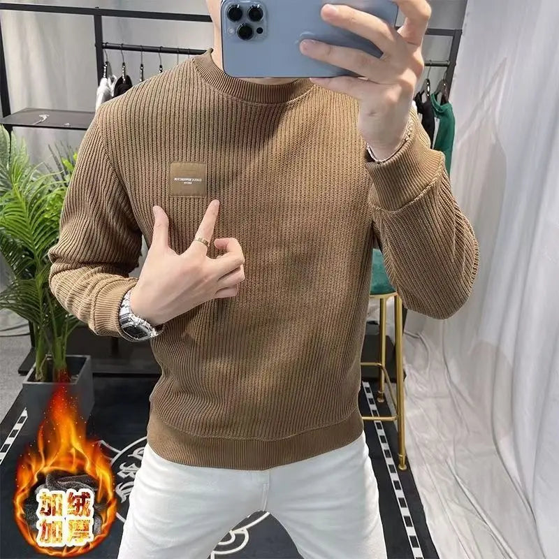 New Autumn Winter Plus Velvet Sweatshirt Casual Trendy Round Neck Fashionable Versatile Men's Pullover Top