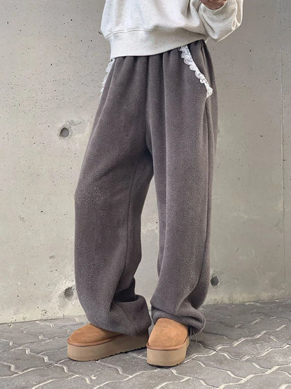 Winter Thick Women Pants Vintage Lace Patchwork Warm Casual Wide Leg Trouser Female Harajuku All Match Straight Sweatpants New