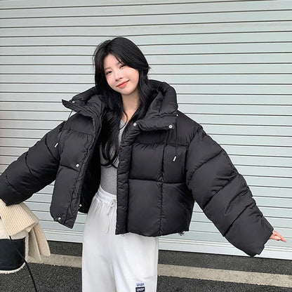 Women Winter Warm Puffy Coats Long Sleeve Casual Cropped Parkas Jacket Solid Hooded American Street Thick Outwear