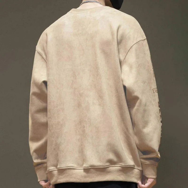 American High Street Trend Thickened Long Sleeved Hoodie Men's Autumn Winter New Round Neck Printed Loose Patchwork Fleece Top