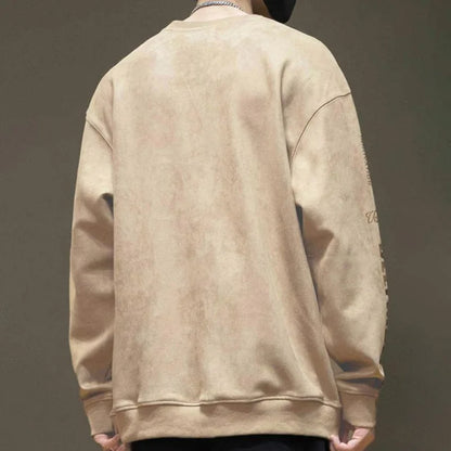 American High Street Trend Thickened Long Sleeved Hoodie Men's Autumn Winter New Round Neck Printed Loose Patchwork Fleece Top