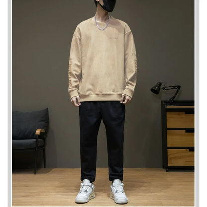 American High Street Trend Thickened Long Sleeved Hoodie Men's Autumn Winter New Round Neck Printed Loose Patchwork Fleece Top