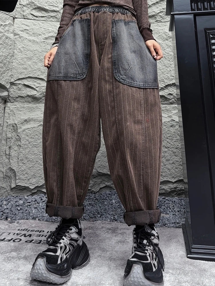 Amax LuluE 2025 Womens Fashion Winter Striped Jeans Loose Casual Denim Trousers Ladies Classic Vintage Elastic Waist Punk Pants