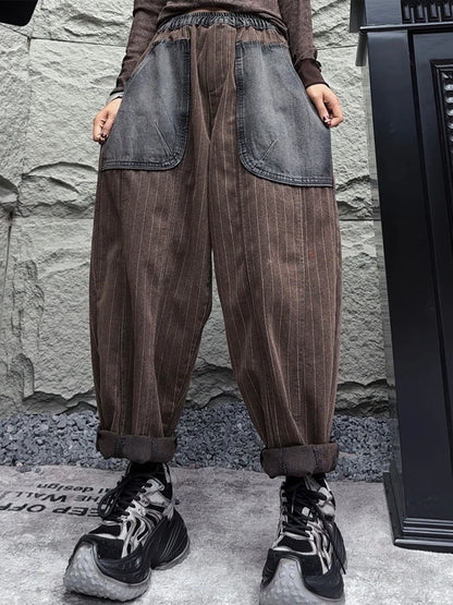 Amax LuluE 2025 Womens Fashion Winter Striped Jeans Loose Casual Denim Trousers Ladies Classic Vintage Elastic Waist Punk Pants