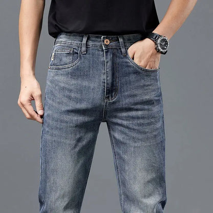 Men's Jeans Washing High-end Men's Jeans Small Straight Stretch Slim Retro Blue Casual Straight