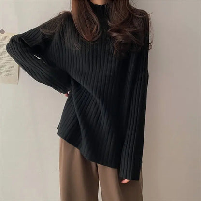 Autumn Winter Fashion All-match Long Sleeve Loose Sweaters Women Clothing Elegant Chic Turtleneck Pullover Casual Solid Knit Top