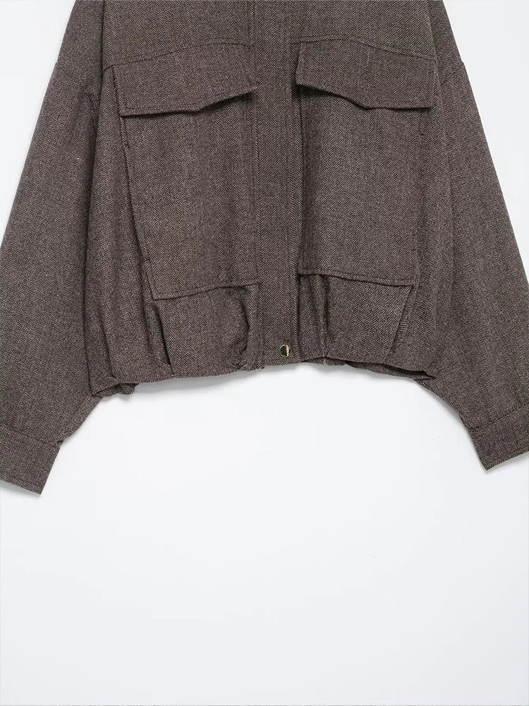 HH Women's Fashion Versatile Button Lapel Collar Long Sleeve Coat Female Zipper Solid Pocket Decoration Puffy Pilot Jacket