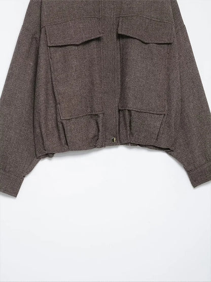 HH Women's Fashion Versatile Button Lapel Collar Long Sleeve Coat Female Zipper Solid Pocket Decoration Puffy Pilot Jacket