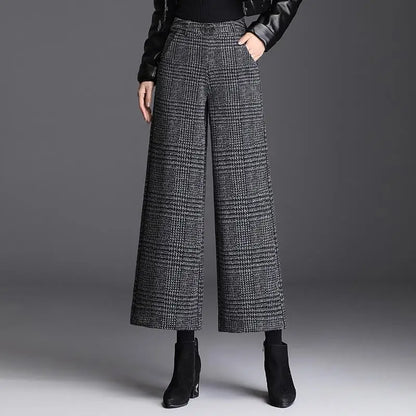 Autumn Winter Women's Woolen Pants New Plaid Pocket Korean Fashion Thicken High Waist Straight Wide Leg Ankle Length Trousers