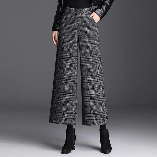 Autumn Winter Women's Woolen Pants New Plaid Pocket Korean Fashion Thicken High Waist Straight Wide Leg Ankle Length Trousers