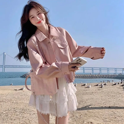 Women's Short PU Leather Jacket Pink Spring Autumn 2025 Sweet Cool Street Style Slim Fit Harajuku Fashion Biker Jacket