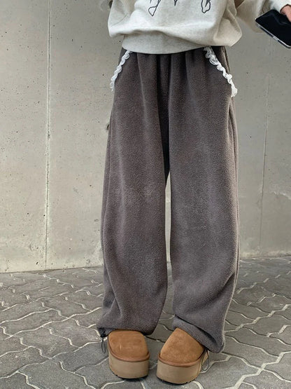 Winter Thick Women Pants Vintage Lace Patchwork Warm Casual Wide Leg Trouser Female Harajuku All Match Straight Sweatpants New