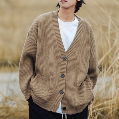 Textured Chunky-Knit Cardigan Jacket for Men Loose-Fit Japanese-Style Women Warm Knitwear Sweater