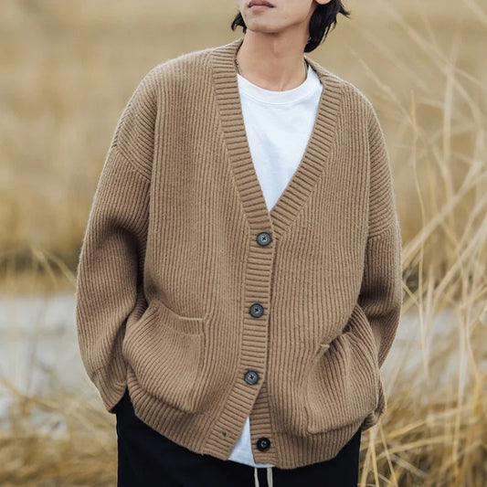 Textured Chunky-Knit Cardigan Jacket for Men Loose-Fit Japanese-Style Women Warm Knitwear Sweater