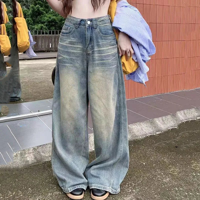 Spring Autumn Vintage Chicly Button Jeans Women American Simple Baggy High Waisted Denim Pants Washed Y2K Wide Leg Jean Trousers