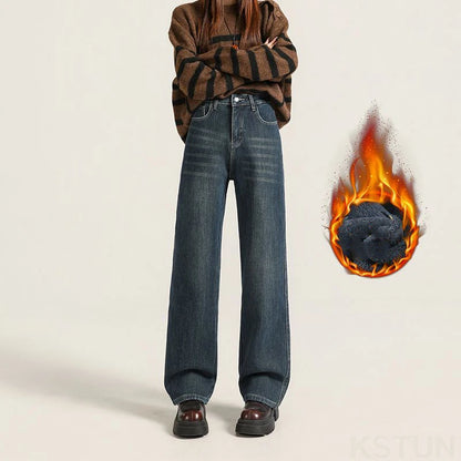 KSTUN Women’s Narrow Cut Wide Leg Jeans with Fleece High Waisted 2025 Winter Warm Jeans For Mom Straight Leg Thicken Trousers