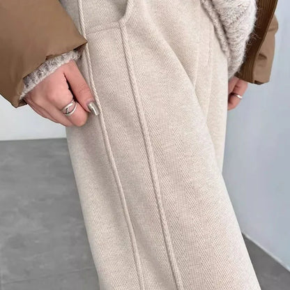 Herringbone Plus Velvet Wide-leg for Women New Style Woolen Slit Thickened Pants Straight and Casual Large Size