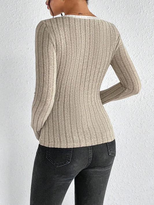 Women's Slim Sexy Knit Long Sleeve Top Women's V-Neck Neck Edge Clash Top New Autumn and Winter Women's Casual Pullover