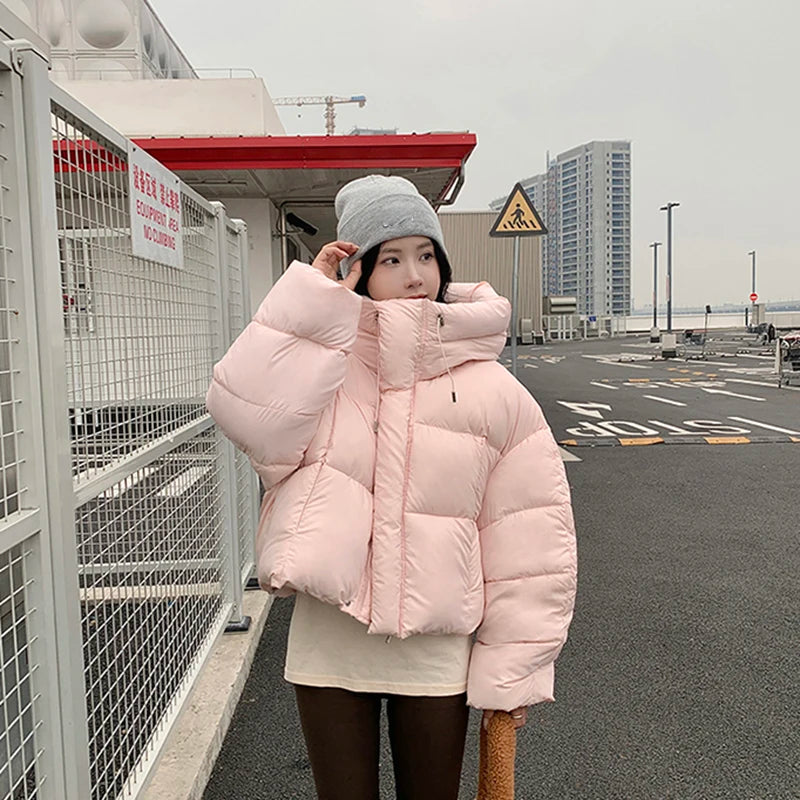 Women Winter Warm Puffy Coats Long Sleeve Casual Cropped Parkas Jacket Solid Hooded American Street Thick Outwear